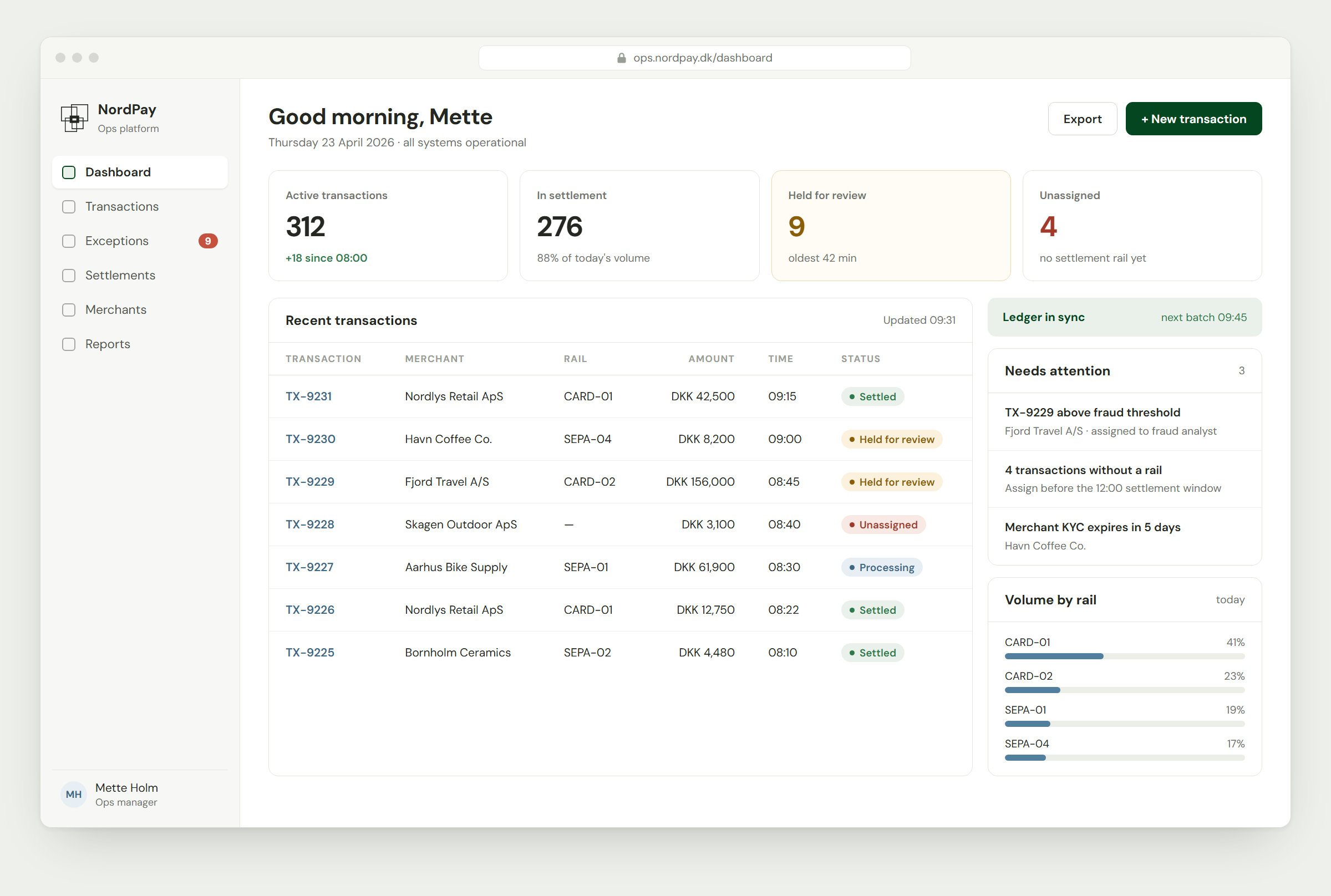 Dashboard for the ops manager with active, settling, held, and unassigned transactions, a recent transactions table, and ledger sync status